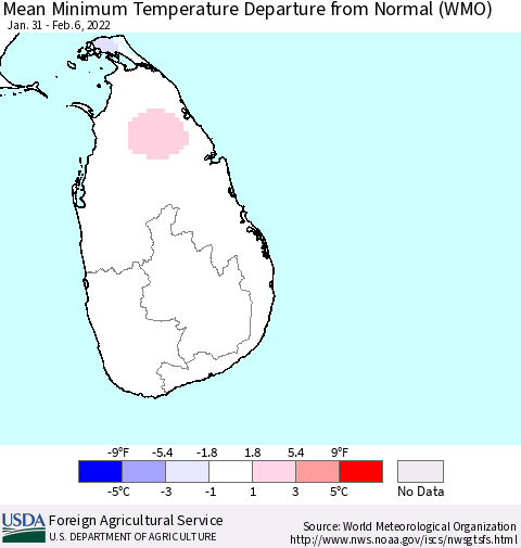 Sri Lanka Mean Minimum Temperature Departure from Normal (WMO) Thematic Map For 1/31/2022 - 2/6/2022