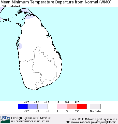 Sri Lanka Mean Minimum Temperature Departure from Normal (WMO) Thematic Map For 3/7/2022 - 3/13/2022