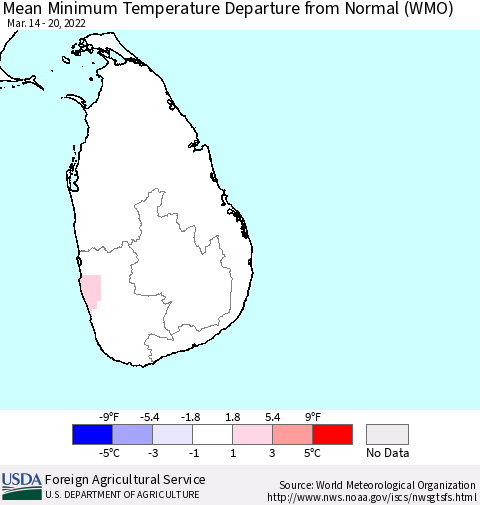 Sri Lanka Mean Minimum Temperature Departure from Normal (WMO) Thematic Map For 3/14/2022 - 3/20/2022