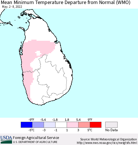 Sri Lanka Minimum Temperature Departure From Normal (WMO) Thematic Map For 5/2/2022 - 5/8/2022
