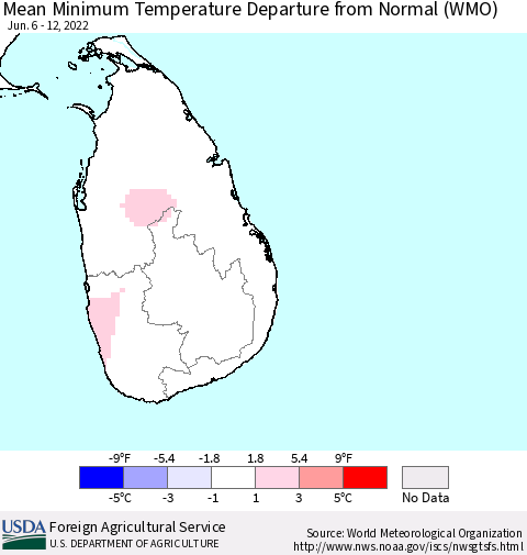 Sri Lanka Minimum Temperature Departure From Normal (WMO) Thematic Map For 6/6/2022 - 6/12/2022