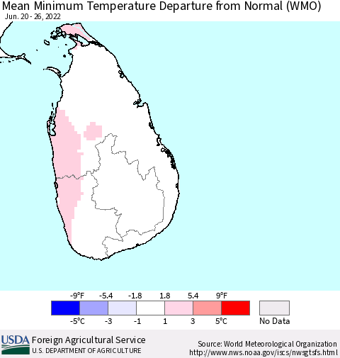 Sri Lanka Minimum Temperature Departure From Normal (WMO) Thematic Map For 6/20/2022 - 6/26/2022