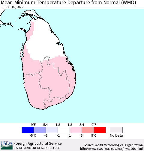 Sri Lanka Minimum Temperature Departure From Normal (WMO) Thematic Map For 7/4/2022 - 7/10/2022