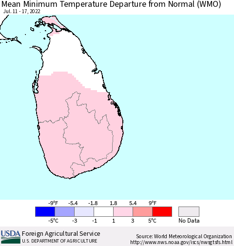 Sri Lanka Mean Minimum Temperature Departure from Normal (WMO) Thematic Map For 7/11/2022 - 7/17/2022