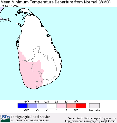 Sri Lanka Mean Minimum Temperature Departure from Normal (WMO) Thematic Map For 8/1/2022 - 8/7/2022