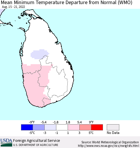 Sri Lanka Mean Minimum Temperature Departure from Normal (WMO) Thematic Map For 8/15/2022 - 8/21/2022