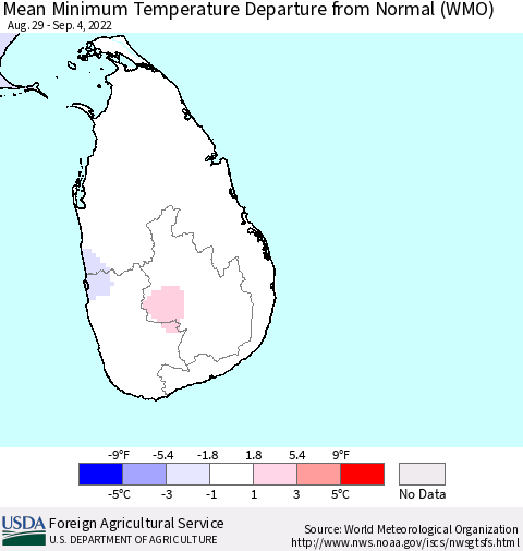 Sri Lanka Mean Minimum Temperature Departure from Normal (WMO) Thematic Map For 8/29/2022 - 9/4/2022
