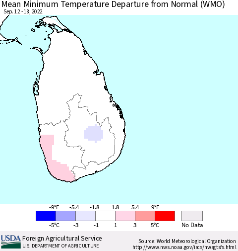 Sri Lanka Mean Minimum Temperature Departure from Normal (WMO) Thematic Map For 9/12/2022 - 9/18/2022