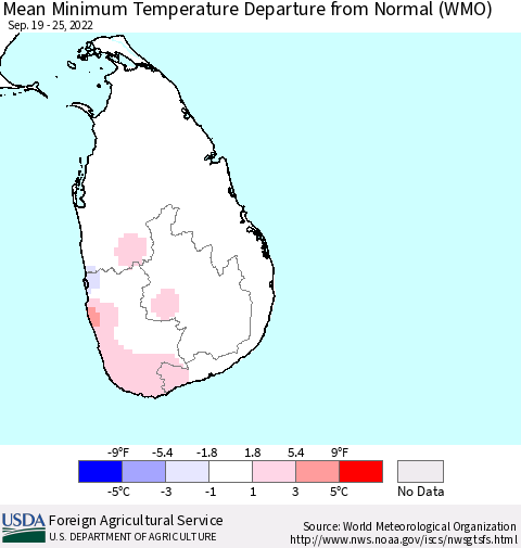 Sri Lanka Mean Minimum Temperature Departure from Normal (WMO) Thematic Map For 9/19/2022 - 9/25/2022