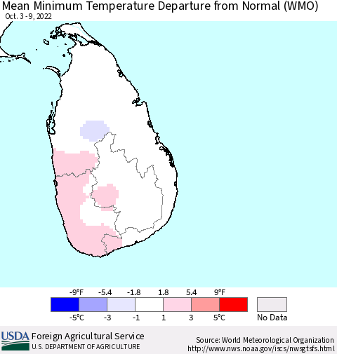 Sri Lanka Mean Minimum Temperature Departure from Normal (WMO) Thematic Map For 10/3/2022 - 10/9/2022