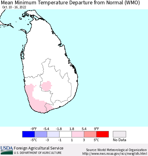 Sri Lanka Mean Minimum Temperature Departure from Normal (WMO) Thematic Map For 10/10/2022 - 10/16/2022