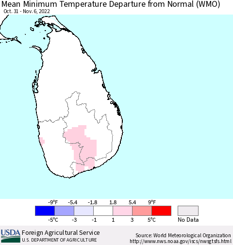 Sri Lanka Mean Minimum Temperature Departure from Normal (WMO) Thematic Map For 10/31/2022 - 11/6/2022