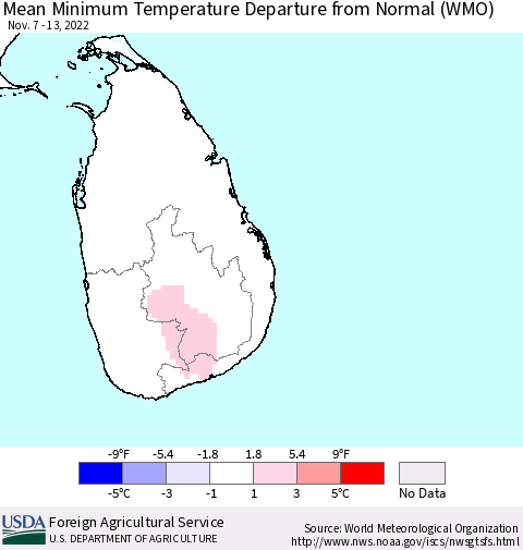 Sri Lanka Mean Minimum Temperature Departure from Normal (WMO) Thematic Map For 11/7/2022 - 11/13/2022