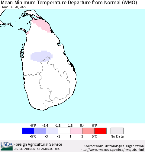 Sri Lanka Mean Minimum Temperature Departure from Normal (WMO) Thematic Map For 11/14/2022 - 11/20/2022