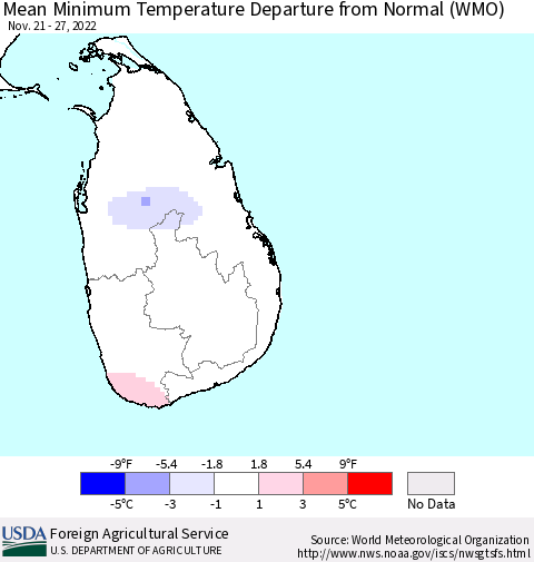 Sri Lanka Mean Minimum Temperature Departure from Normal (WMO) Thematic Map For 11/21/2022 - 11/27/2022