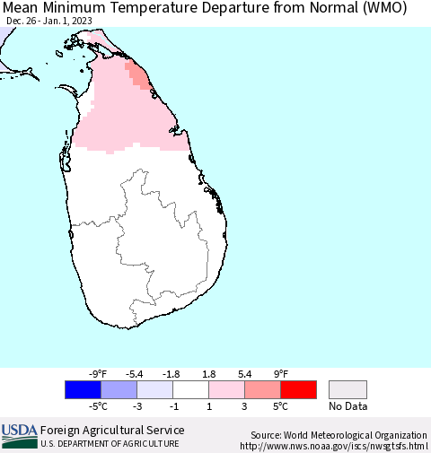 Sri Lanka Mean Minimum Temperature Departure from Normal (WMO) Thematic Map For 12/26/2022 - 1/1/2023