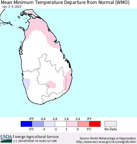Sri Lanka Mean Minimum Temperature Departure from Normal (WMO) Thematic Map For 1/2/2023 - 1/8/2023