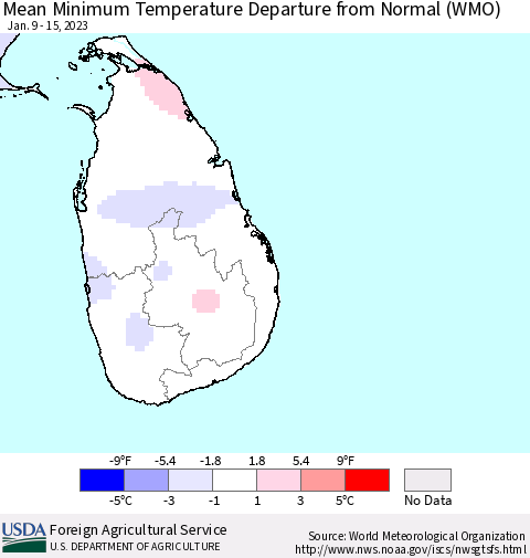 Sri Lanka Mean Minimum Temperature Departure from Normal (WMO) Thematic Map For 1/9/2023 - 1/15/2023