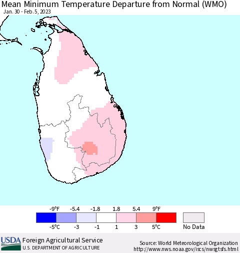 Sri Lanka Mean Minimum Temperature Departure from Normal (WMO) Thematic Map For 1/30/2023 - 2/5/2023