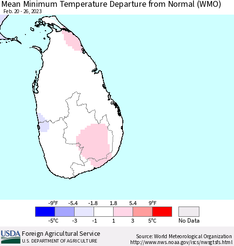 Sri Lanka Mean Minimum Temperature Departure from Normal (WMO) Thematic Map For 2/20/2023 - 2/26/2023