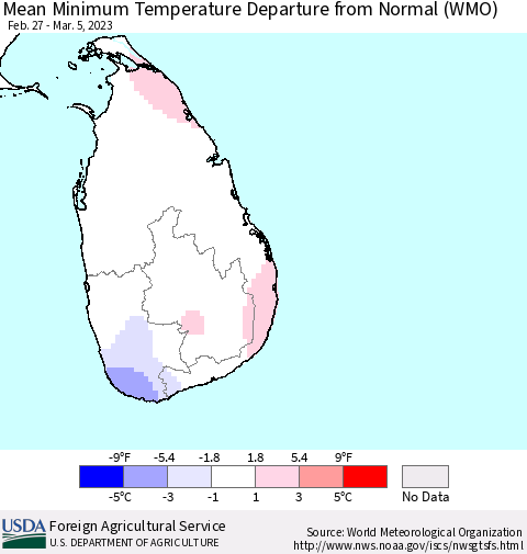 Sri Lanka Mean Minimum Temperature Departure from Normal (WMO) Thematic Map For 2/27/2023 - 3/5/2023