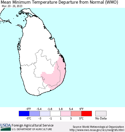Sri Lanka Mean Minimum Temperature Departure from Normal (WMO) Thematic Map For 3/20/2023 - 3/26/2023