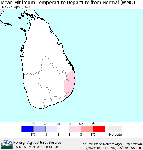 Sri Lanka Mean Minimum Temperature Departure from Normal (WMO) Thematic Map For 3/27/2023 - 4/2/2023