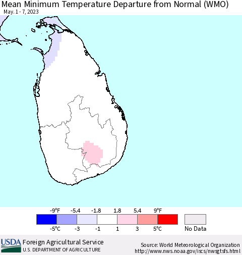 Sri Lanka Mean Minimum Temperature Departure from Normal (WMO) Thematic Map For 5/1/2023 - 5/7/2023