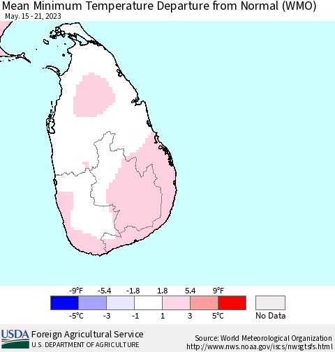 Sri Lanka Mean Minimum Temperature Departure from Normal (WMO) Thematic Map For 5/15/2023 - 5/21/2023