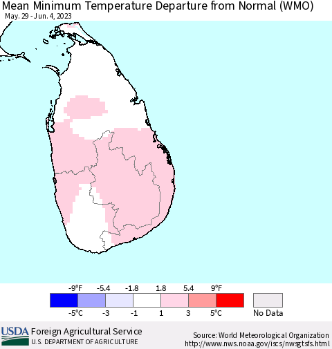 Sri Lanka Mean Minimum Temperature Departure from Normal (WMO) Thematic Map For 5/29/2023 - 6/4/2023