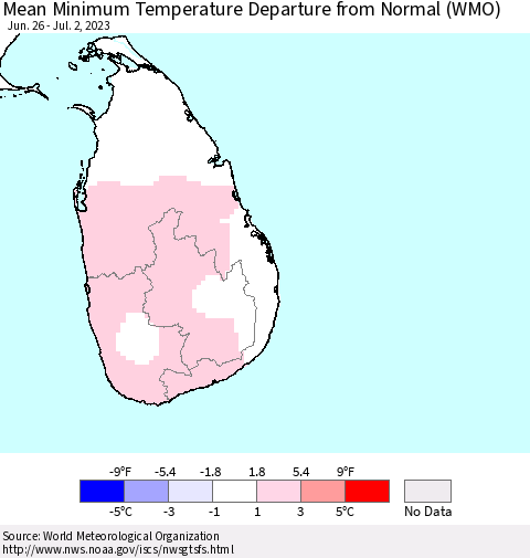 Sri Lanka Mean Minimum Temperature Departure from Normal (WMO) Thematic Map For 6/26/2023 - 7/2/2023
