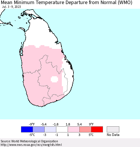 Sri Lanka Mean Minimum Temperature Departure from Normal (WMO) Thematic Map For 7/3/2023 - 7/9/2023