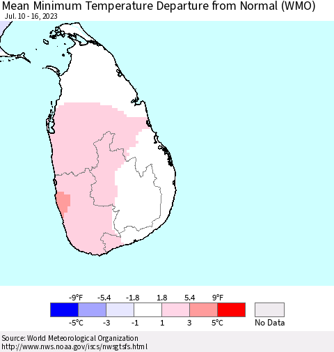 Sri Lanka Mean Minimum Temperature Departure from Normal (WMO) Thematic Map For 7/10/2023 - 7/16/2023