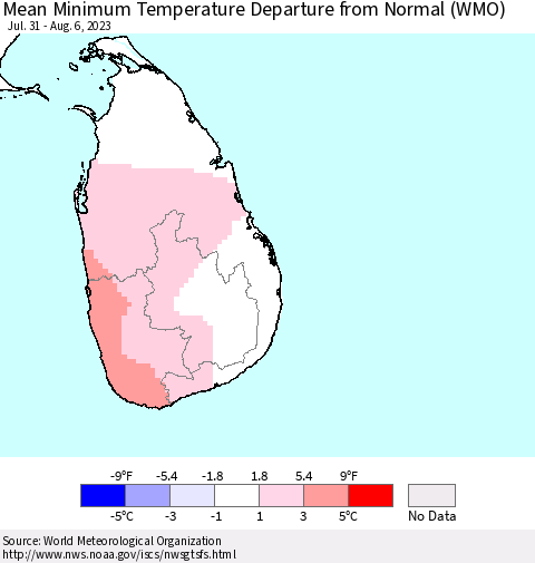 Sri Lanka Mean Minimum Temperature Departure from Normal (WMO) Thematic Map For 7/31/2023 - 8/6/2023