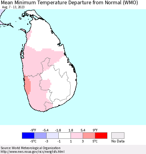 Sri Lanka Mean Minimum Temperature Departure from Normal (WMO) Thematic Map For 8/7/2023 - 8/13/2023