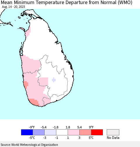 Sri Lanka Mean Minimum Temperature Departure from Normal (WMO) Thematic Map For 8/14/2023 - 8/20/2023