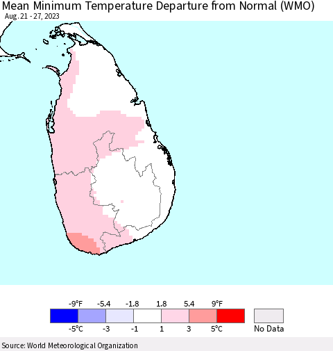 Sri Lanka Mean Minimum Temperature Departure from Normal (WMO) Thematic Map For 8/21/2023 - 8/27/2023