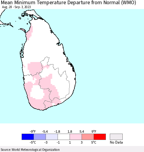 Sri Lanka Mean Minimum Temperature Departure from Normal (WMO) Thematic Map For 8/28/2023 - 9/3/2023