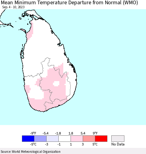 Sri Lanka Mean Minimum Temperature Departure from Normal (WMO) Thematic Map For 9/4/2023 - 9/10/2023