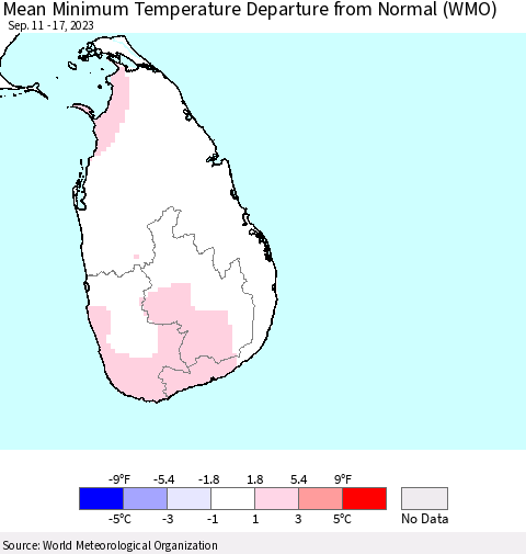 Sri Lanka Mean Minimum Temperature Departure from Normal (WMO) Thematic Map For 9/11/2023 - 9/17/2023