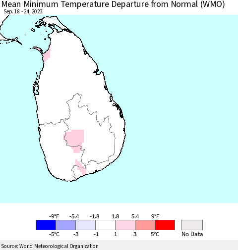 Sri Lanka Mean Minimum Temperature Departure from Normal (WMO) Thematic Map For 9/18/2023 - 9/24/2023