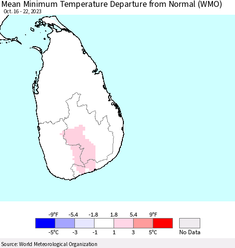 Sri Lanka Mean Minimum Temperature Departure from Normal (WMO) Thematic Map For 10/16/2023 - 10/22/2023