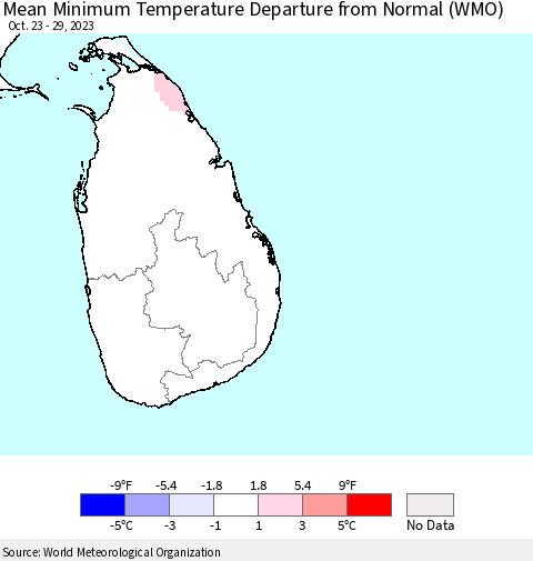 Sri Lanka Mean Minimum Temperature Departure from Normal (WMO) Thematic Map For 10/23/2023 - 10/29/2023