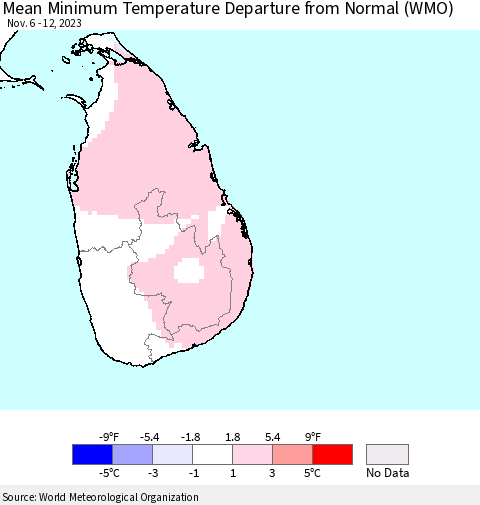 Sri Lanka Mean Minimum Temperature Departure from Normal (WMO) Thematic Map For 11/6/2023 - 11/12/2023