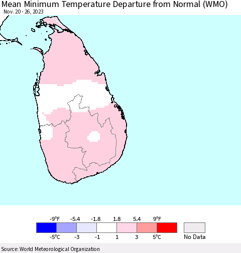Sri Lanka Mean Minimum Temperature Departure from Normal (WMO) Thematic Map For 11/20/2023 - 11/26/2023