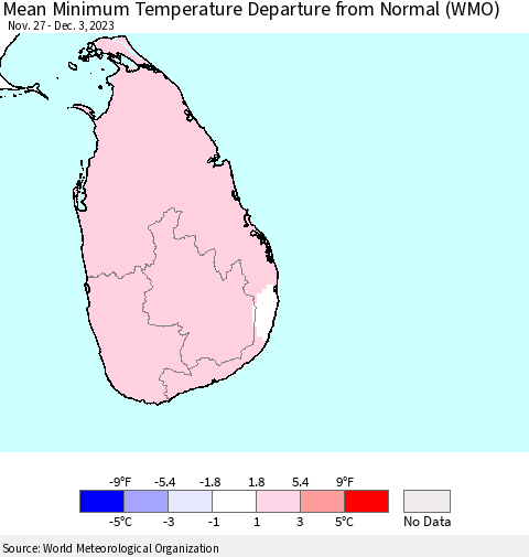 Sri Lanka Mean Minimum Temperature Departure from Normal (WMO) Thematic Map For 11/27/2023 - 12/3/2023