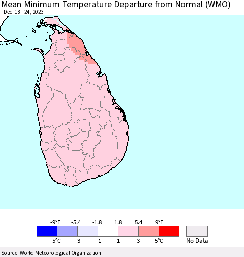 Sri Lanka Mean Minimum Temperature Departure from Normal (WMO) Thematic Map For 12/18/2023 - 12/24/2023
