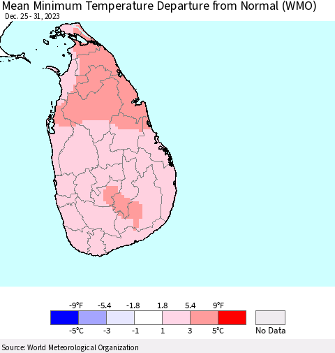 Sri Lanka Mean Minimum Temperature Departure from Normal (WMO) Thematic Map For 12/25/2023 - 12/31/2023