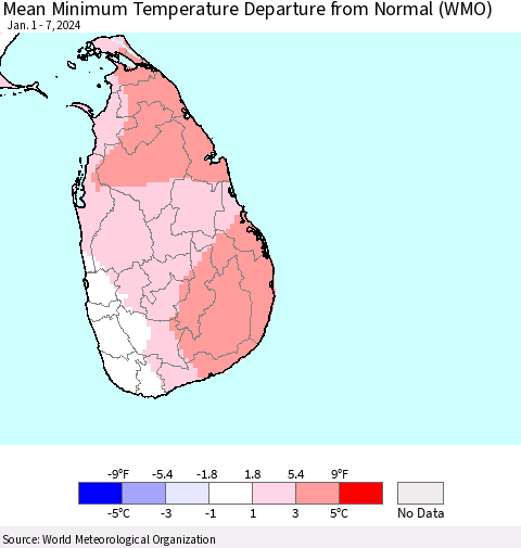 Sri Lanka Mean Minimum Temperature Departure from Normal (WMO) Thematic Map For 1/1/2024 - 1/7/2024