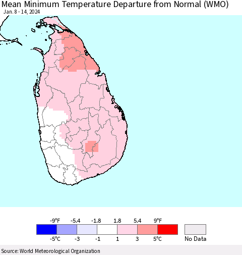 Sri Lanka Mean Minimum Temperature Departure from Normal (WMO) Thematic Map For 1/8/2024 - 1/14/2024